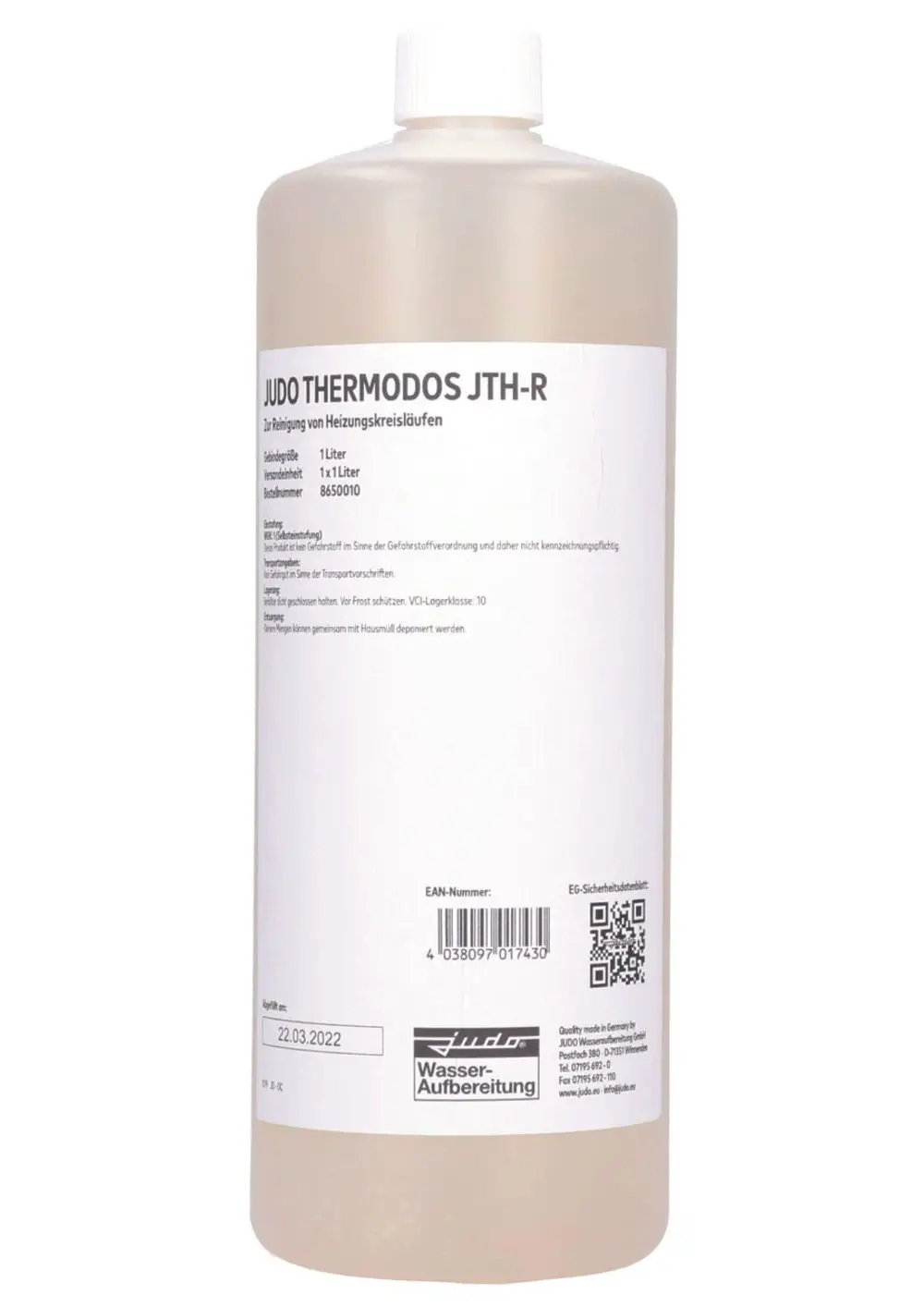 Flasche mit Judo Reinigungslösung, milchiger Flüssigkeit, etikettiert für die Reinigung von Heizungsanlagen. Beschreibung und Sicherheitsinformationen auf der Rückseite.